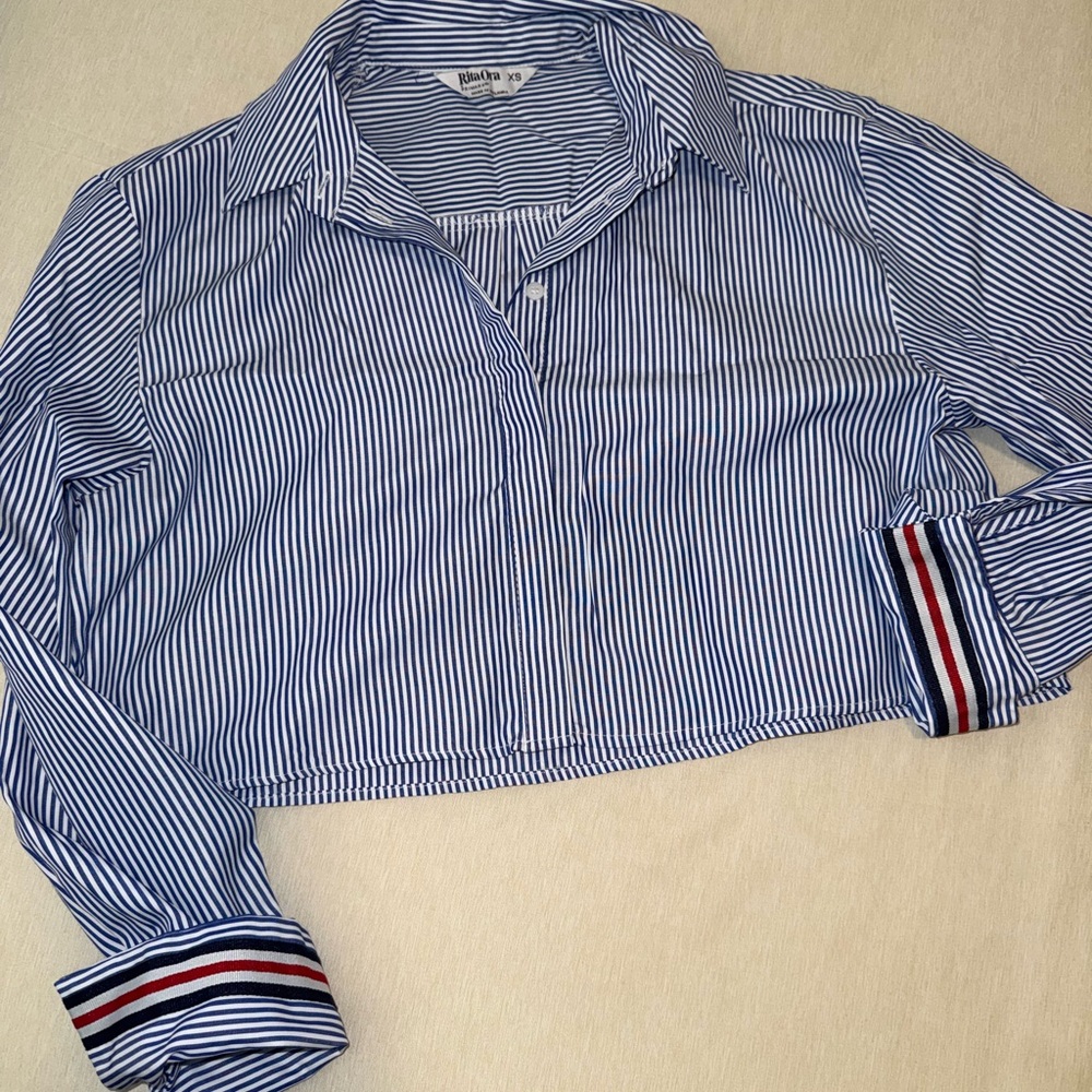 Primark Crop Top Blue Striped Blouse 🥏